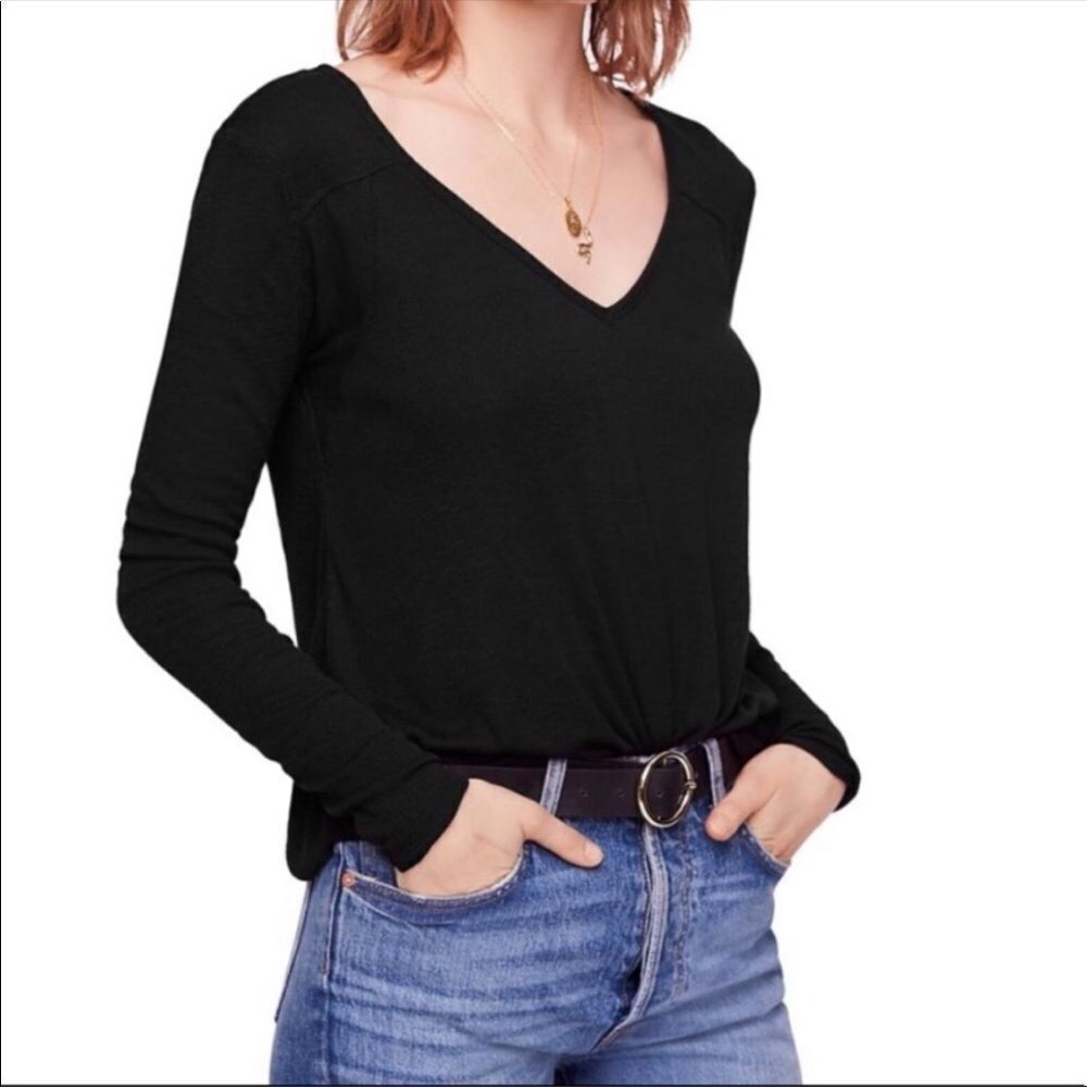 FREE PEOPLE | Ribbed V-Neck Long Sleeve Top in Black Women’s Size Small